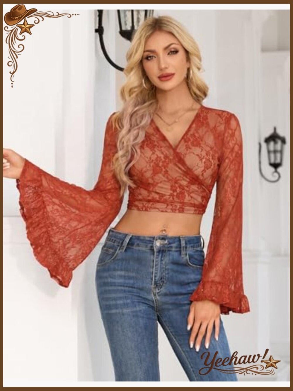 Flow Lace Bell Sleeve Crop Boho Blouse Festival Hippie Top - Picture 2 of 7